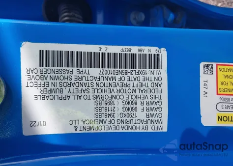 2022 Honda Civic Sport из США, поврежденный, VIN 19XFL2H85NE010027